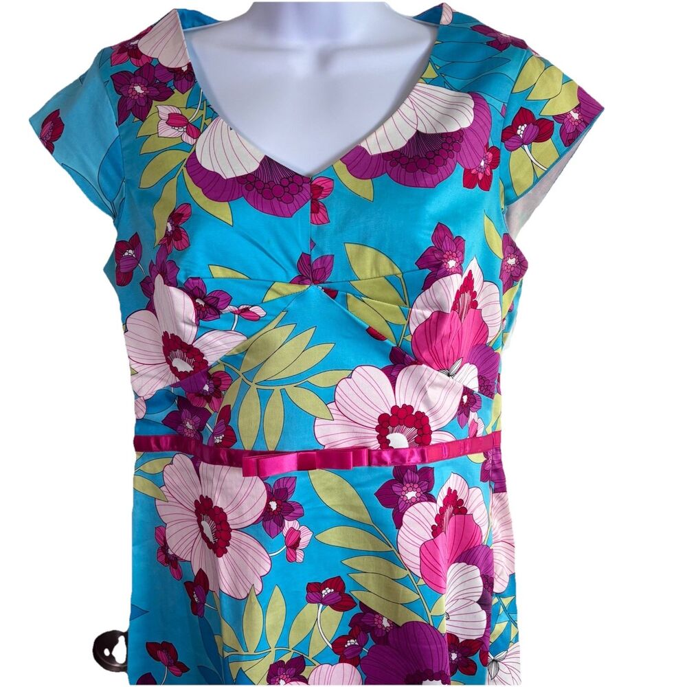 Sangria Floral Fit & Flare Dress Womens Size 10 Blue Pink Tropical Cotton Street - Picture 4 of 16